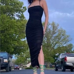 Babaton Luxor Black Mesh Bodycon Midi Long Dress Sexy Sheer Corset Thigh Slit 2